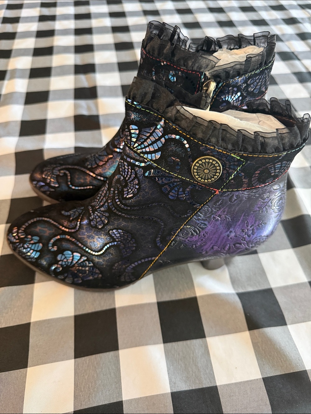Embellished Floral Ankle Boots in Iridescent Black & Purple